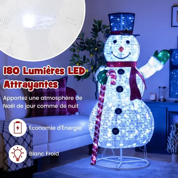 Bonhomme de Neige Éclairé 150 cm Décoration de Noël pré-éclairée avec 180 Lumières LED Chapeau et Écharpe