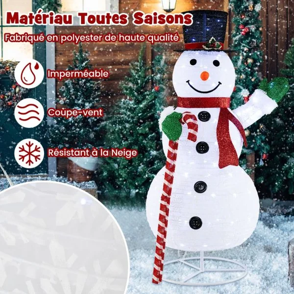 Bonhomme de Neige Éclairé 150 cm Décoration de Noël pré-éclairée avec 180 Lumières LED Chapeau et Écharpe