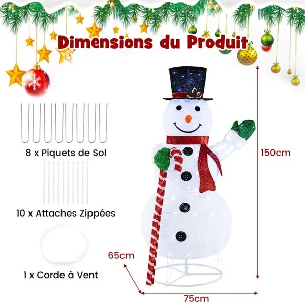Bonhomme de Neige Éclairé 150 cm Décoration de Noël pré-éclairée avec 180 Lumières LED Chapeau et Écharpe