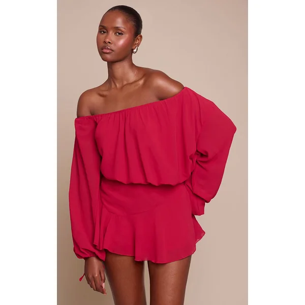 Bordeaux Combi-short Jupe-culotte En Mousseline Vert Foncé À Une Épaule Avec Détail Flottant