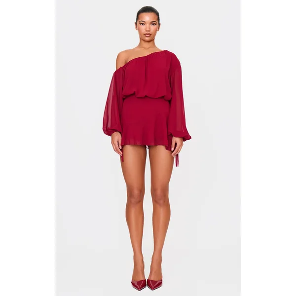 Bordeaux Combi-short Jupe-culotte En Mousseline Vert Foncé À Une Épaule Avec Détail Flottant