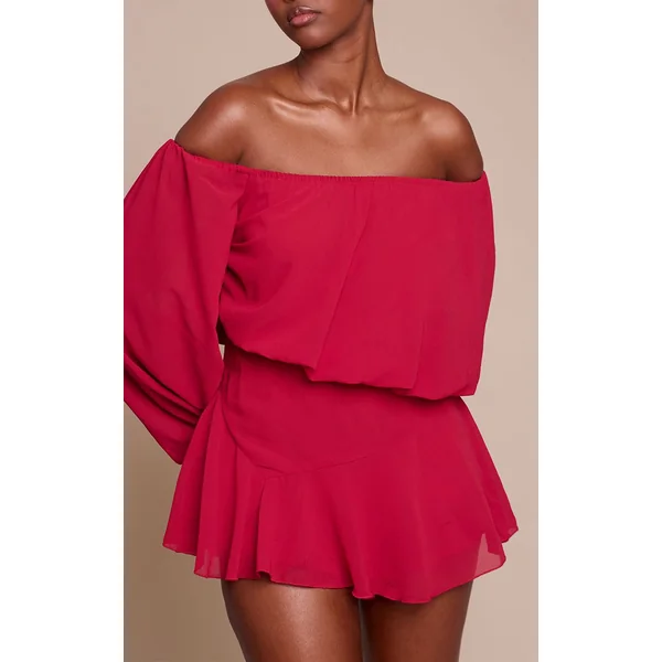 Bordeaux Combi-short Jupe-culotte En Mousseline Vert Foncé À Une Épaule Avec Détail Flottant