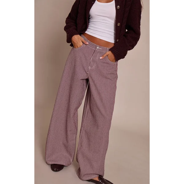 Bordeaux Jean En Denim Taille Haute À Fines Rayures