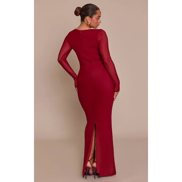 Bordeaux Robe Longue Corsetée En Mesh Avec Empiècements En Dentelle