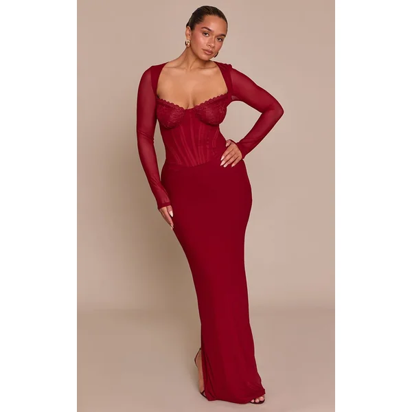 Bordeaux Robe Longue Corsetée En Mesh Avec Empiècements En Dentelle
