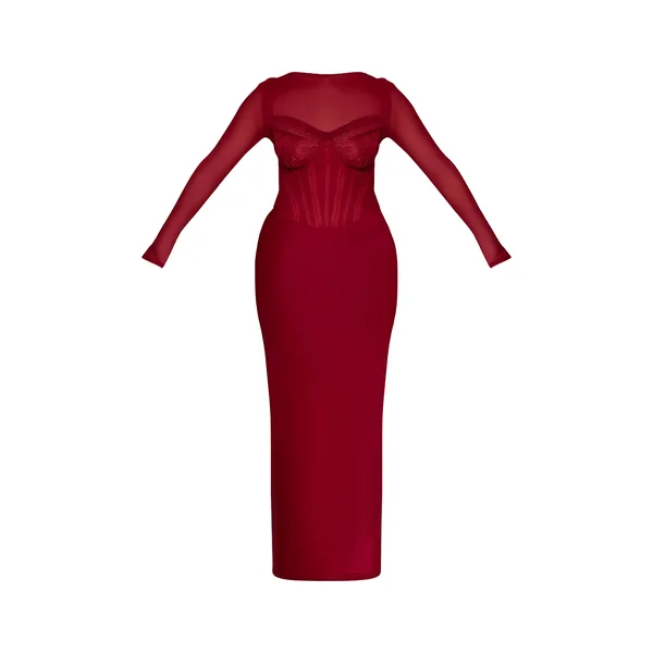 Bordeaux Robe Longue Corsetée En Mesh Avec Empiècements En Dentelle
