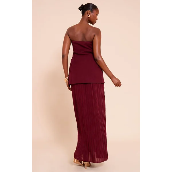 Bordeaux Robe Maxi Bandeau À Jupe Plissée En Mousseline Avec Panneaux