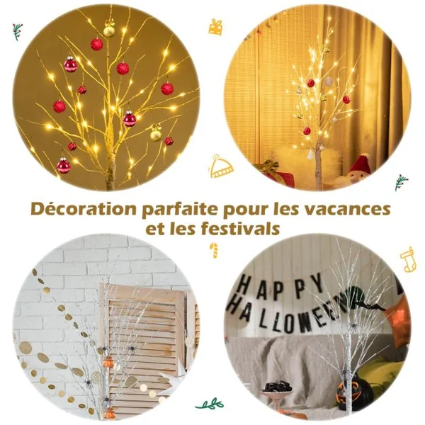 Bouleau Artificiel Lumineux Bouleau Blanc 120 cm avec 48 Lumières LED Blanc Chaud Décoration d'Intérieur pour Noël Pâques et Mariages