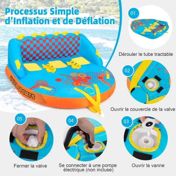 Bouée Tractée Gonflable pour 3 Personnes Charge 300KG Gonflable Bateau Remorquable Housse en Nylon avec 2 Points de Remorquage 193x189x82cm