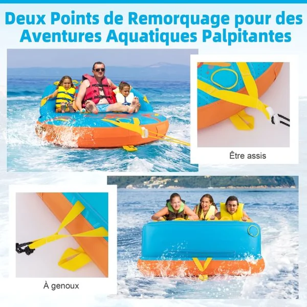 Bouée Tractée Gonflable pour 3 Personnes Charge 300KG Gonflable Bateau Remorquable Housse en Nylon avec 2 Points de Remorquage 193x189x82cm