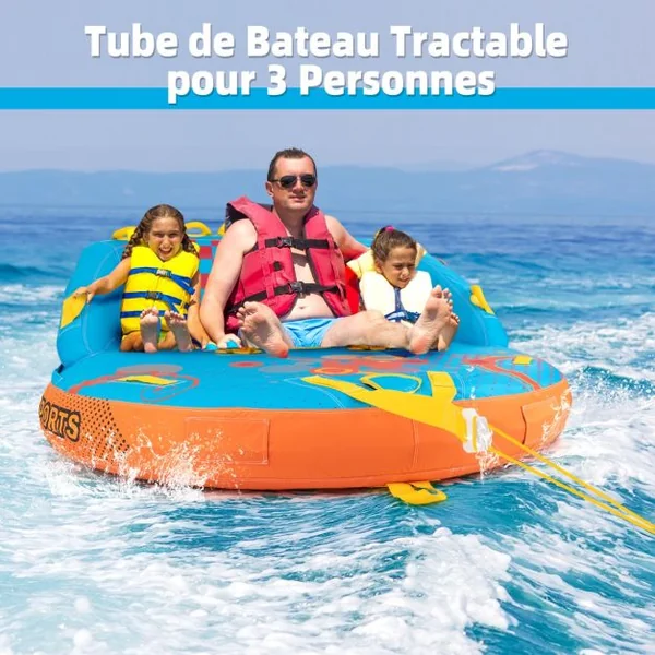 Bouée Tractée Gonflable pour 3 Personnes Charge 300KG Gonflable Bateau Remorquable Housse en Nylon avec 2 Points de Remorquage 193x189x82cm