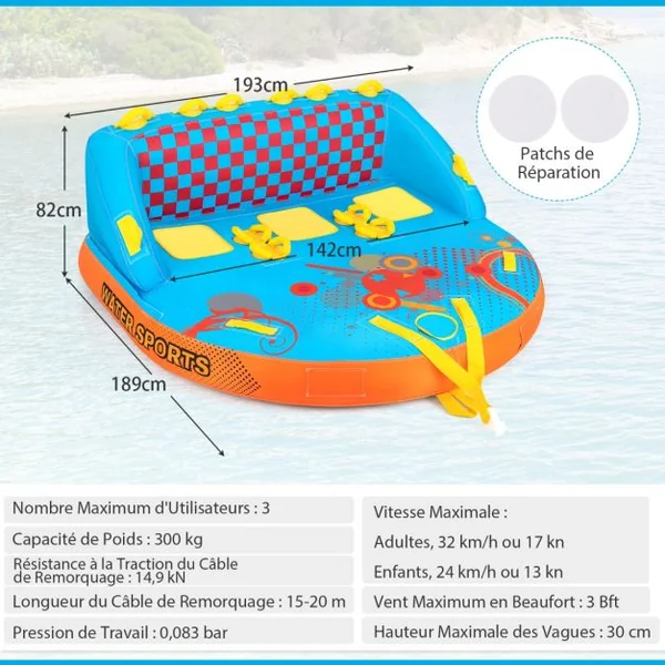 Bouée Tractée Gonflable pour 3 Personnes Charge 300KG Gonflable Bateau Remorquable Housse en Nylon avec 2 Points de Remorquage 193x189x82cm