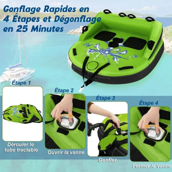 Bouée Tractée pour 2 Personnes Gonflable Bateau avec Drainage Points de Remorquage Avant et Arrière Recouverte de Nylon