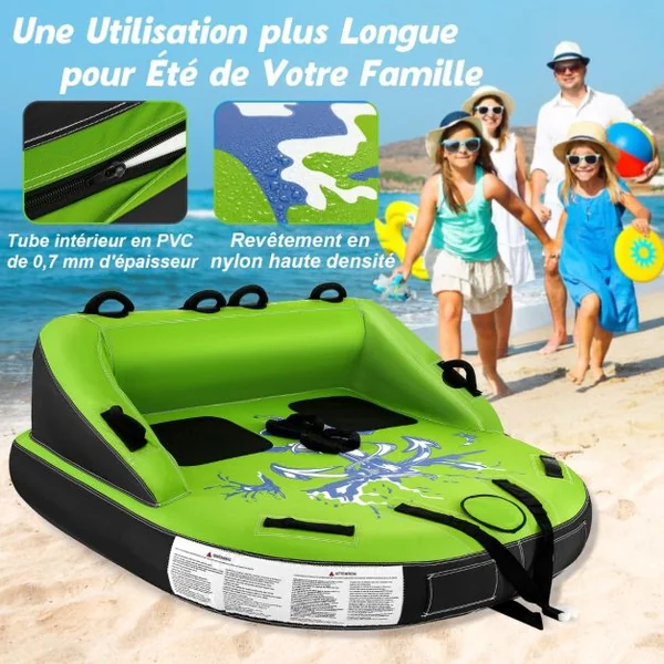 Bouée Tractée pour 2 Personnes Gonflable Bateau avec Drainage Points de Remorquage Avant et Arrière Recouverte de Nylon