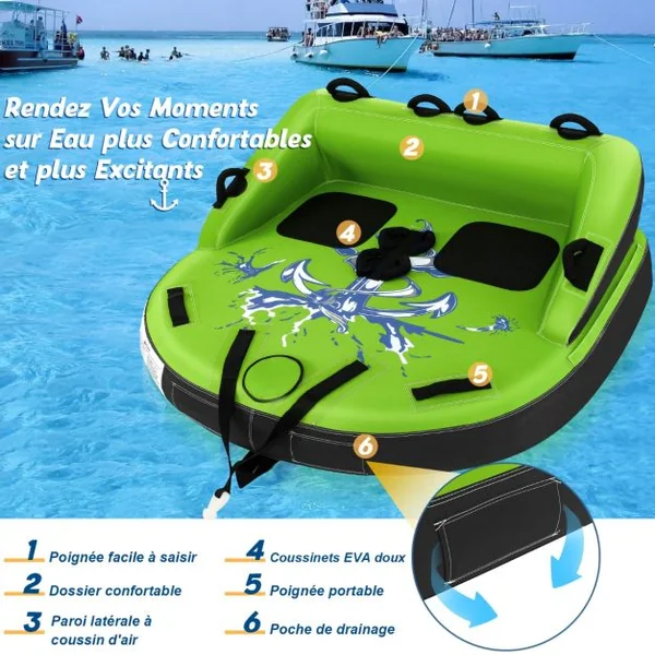 Bouée Tractée pour 2 Personnes Gonflable Bateau avec Drainage Points de Remorquage Avant et Arrière Recouverte de Nylon