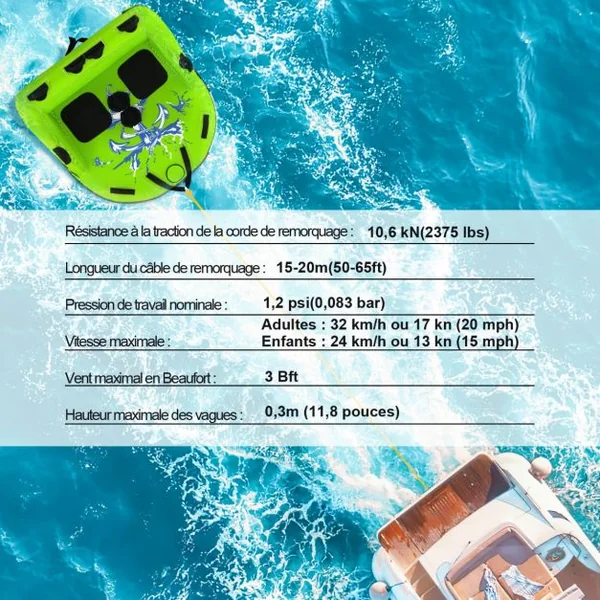 Bouée Tractée pour 2 Personnes Gonflable Bateau avec Drainage Points de Remorquage Avant et Arrière Recouverte de Nylon