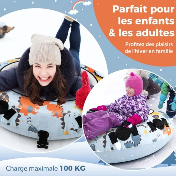 Bouée à Neige de 132 Cm Traîneau à Neige Gonflable en Housse Oxford Robuste Poignées Robustes Gonfleur Manuel Jouets Amusants D'hiver en Plein Air Bleu