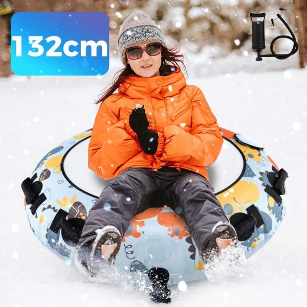 Bouée à Neige de 132 Cm Traîneau à Neige Gonflable en Housse Oxford Robuste Poignées Robustes Gonfleur Manuel Jouets Amusants D'hiver en Plein Air Bleu
