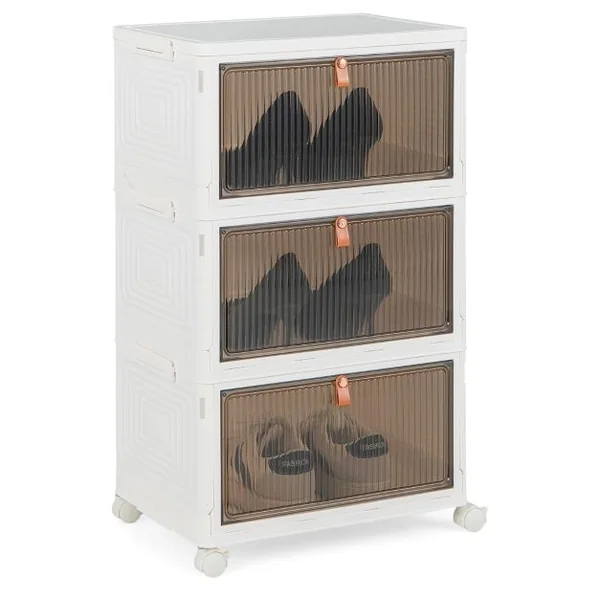 Boîte de Rangement de Chaussures Pliable 3 Niveaux Portes Transparentes Magnétiques Roues Universelles Verrouillables pour Baskets Jouets Blanc