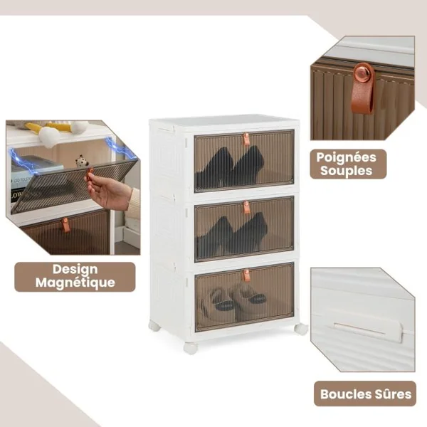 Boîte de Rangement de Chaussures Pliable 3 Niveaux Portes Transparentes Magnétiques Roues Universelles Verrouillables pour Baskets Jouets Blanc