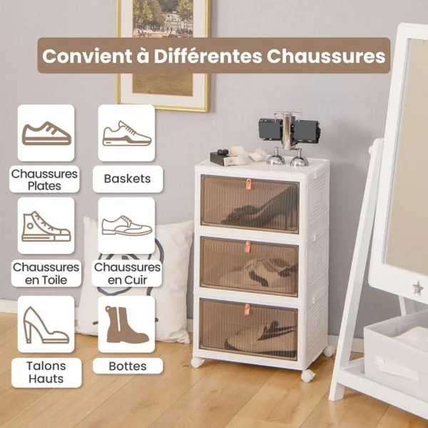 Boîte de Rangement de Chaussures Pliable 3 Niveaux Portes Transparentes Magnétiques Roues Universelles Verrouillables pour Baskets Jouets Blanc