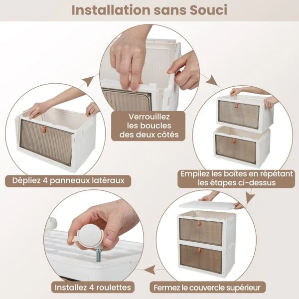 Boîte de Rangement de Chaussures Pliable 3 Niveaux Portes Transparentes Magnétiques Roues Universelles Verrouillables pour Baskets Jouets Blanc