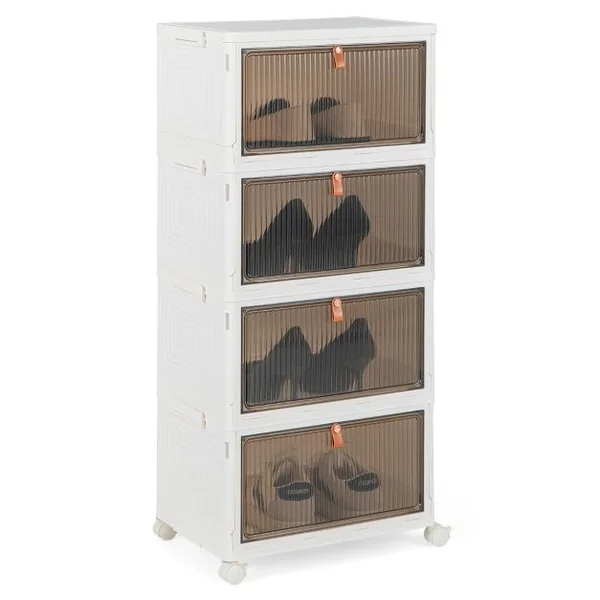Boîte de Rangement de Chaussures Pliable 4 Niveaux Portes Transparentes Magnétiques Roues Universelles Verrouillables pour Baskets Jouets Blanc