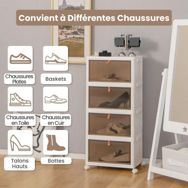 Boîte de Rangement de Chaussures Pliable 4 Niveaux Portes Transparentes Magnétiques Roues Universelles Verrouillables pour Baskets Jouets Blanc