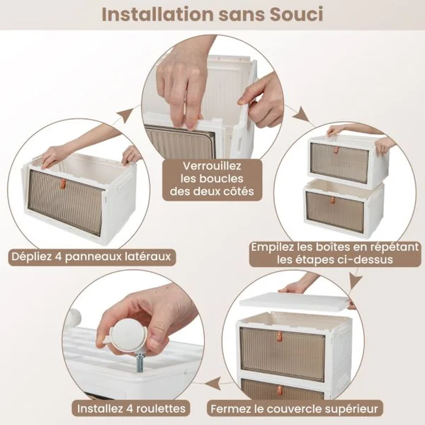 Boîte de Rangement de Chaussures Pliable 4 Niveaux Portes Transparentes Magnétiques Roues Universelles Verrouillables pour Baskets Jouets Blanc
