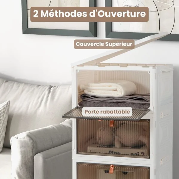 Boîte de Rangement de Chaussures Pliable 4 Niveaux Portes Transparentes Magnétiques Roues Universelles Verrouillables pour Baskets Jouets Blanc