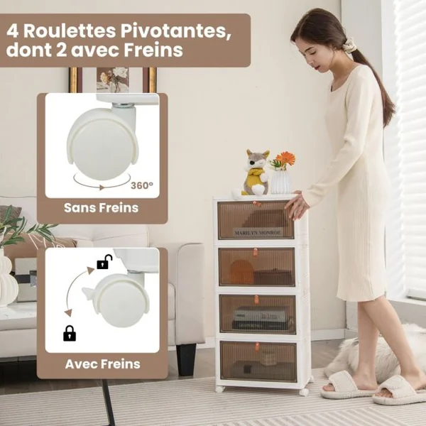 Boîte de Rangement de Chaussures Pliable 4 Niveaux Portes Transparentes Magnétiques Roues Universelles Verrouillables pour Baskets Jouets Blanc