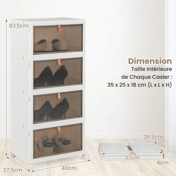 Boîte de Rangement de Chaussures Pliable 4 Niveaux Portes Transparentes Magnétiques Roues Universelles Verrouillables pour Baskets Jouets Blanc