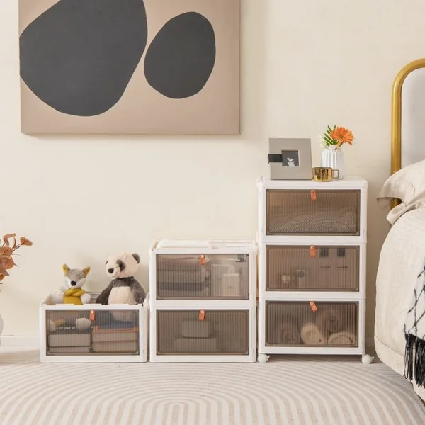 Boîte de Rangement de Chaussures Pliable 6 Niveaux Portes Transparentes Magnétiques Roues Universelles Verrouillables pour Baskets Jouets Blanc