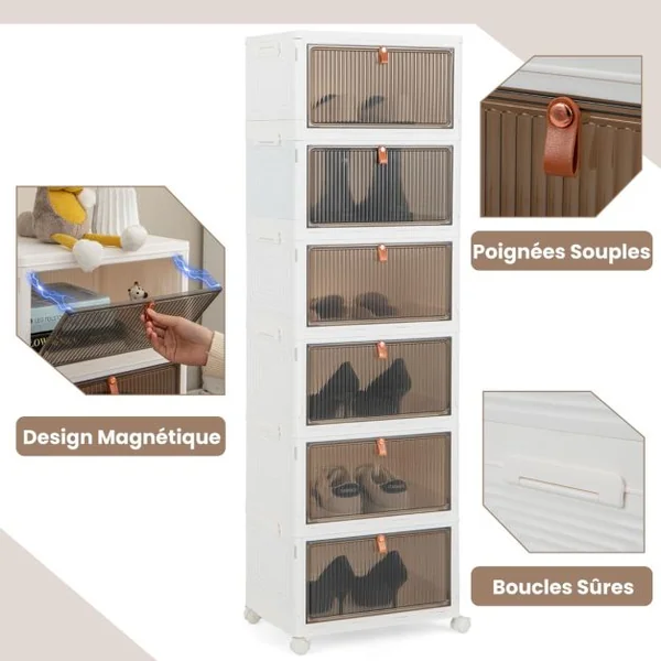 Boîte de Rangement de Chaussures Pliable 6 Niveaux Portes Transparentes Magnétiques Roues Universelles Verrouillables pour Baskets Jouets Blanc