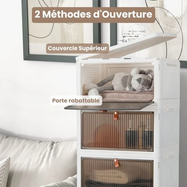 Boîte de Rangement de Chaussures Pliable 6 Niveaux Portes Transparentes Magnétiques Roues Universelles Verrouillables pour Baskets Jouets Blanc