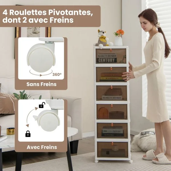 Boîte de Rangement de Chaussures Pliable 6 Niveaux Portes Transparentes Magnétiques Roues Universelles Verrouillables pour Baskets Jouets Blanc
