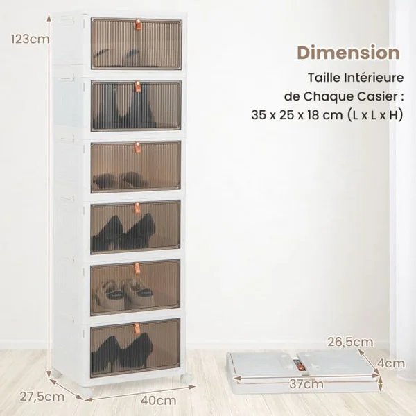 Boîte de Rangement de Chaussures Pliable 6 Niveaux Portes Transparentes Magnétiques Roues Universelles Verrouillables pour Baskets Jouets Blanc