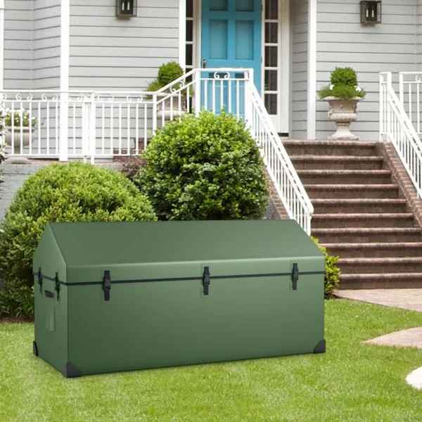 Boîte de Rangement Extérieure Étanche de 658 L Boîte de Terrasse avec Fenêtre Ventilée Protection d'Angle Bouton-pression Réglable Vert