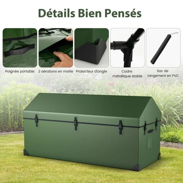 Boîte de Rangement Extérieure Étanche de 658 L Boîte de Terrasse avec Fenêtre Ventilée Protection d'Angle Bouton-pression Réglable Vert
