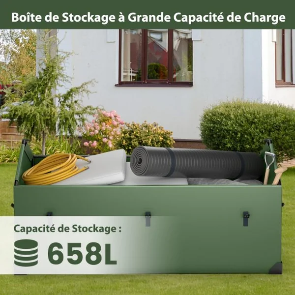 Boîte de Rangement Extérieure Étanche de 658 L Boîte de Terrasse avec Fenêtre Ventilée Protection d'Angle Bouton-pression Réglable Vert