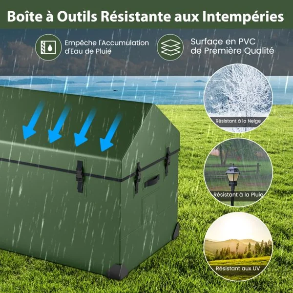Boîte de Rangement Extérieure Étanche de 658 L Boîte de Terrasse avec Fenêtre Ventilée Protection d'Angle Bouton-pression Réglable Vert