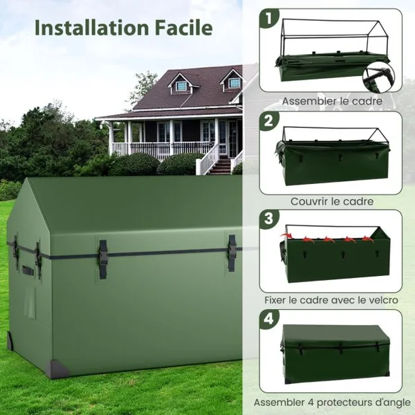 Boîte de Rangement Extérieure Étanche de 658 L Boîte de Terrasse avec Fenêtre Ventilée Protection d'Angle Bouton-pression Réglable Vert
