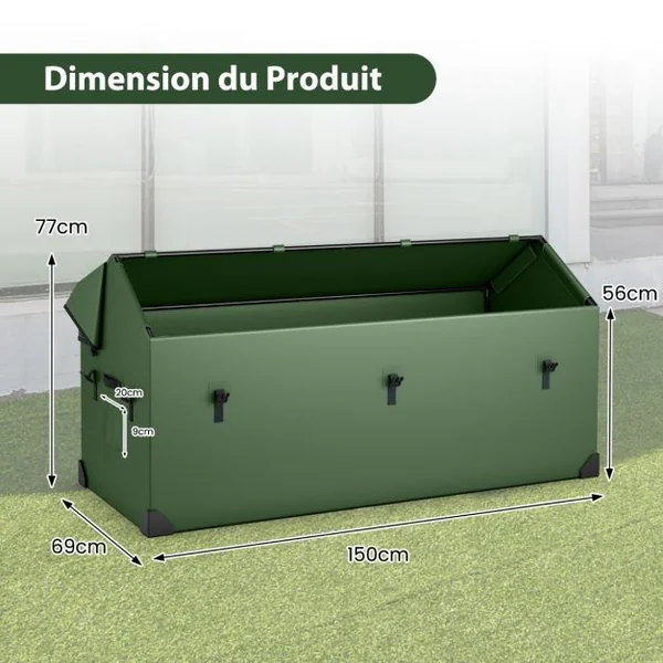 Boîte de Rangement Extérieure Étanche de 658 L Boîte de Terrasse avec Fenêtre Ventilée Protection d'Angle Bouton-pression Réglable Vert