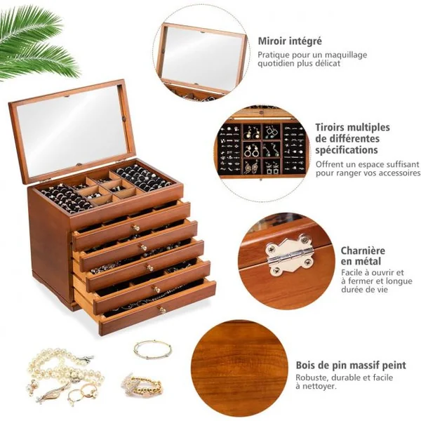 Boîte à Bijoux avec Miroir et 5 Tiroirs Grand Coffret à Bijoux à 6 Étages en Bois de Pin 30x19x25cm Marron