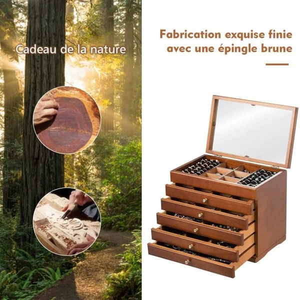 Boîte à Bijoux avec Miroir et 5 Tiroirs Grand Coffret à Bijoux à 6 Étages en Bois de Pin 30x19x25cm Marron