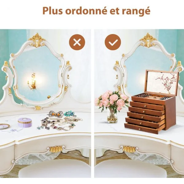 Boîte à Bijoux avec Miroir et 5 Tiroirs Grand Coffret à Bijoux à 6 Étages en Bois de Pin 30x19x25cm Marron