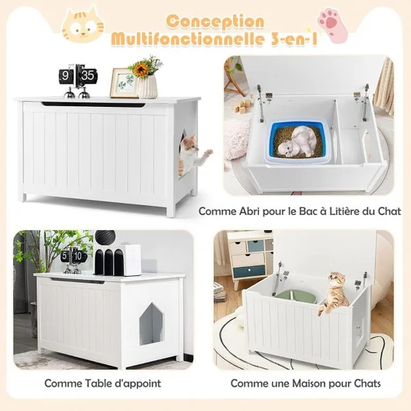 Boîte à litière pour Chat avec Ouverture sur Le Dessus Séparateur Amovible Tige de Gaz Crochets en Métal Pieds en Bois de Pin