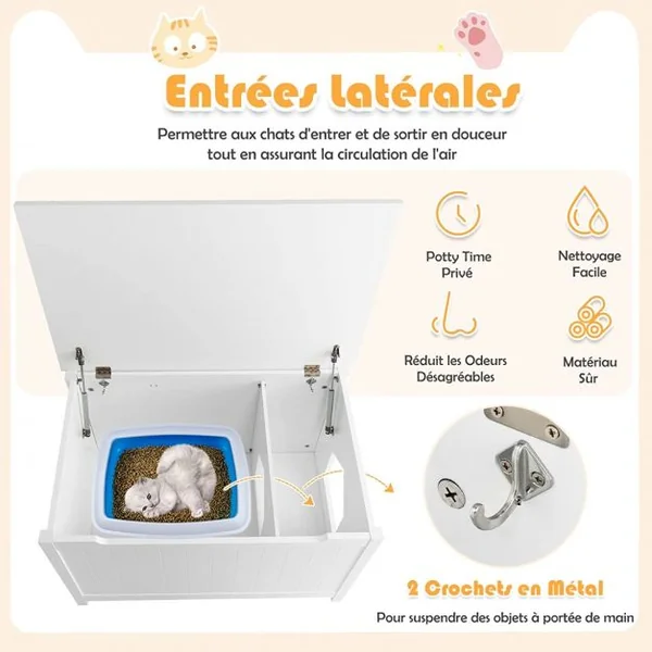 Boîte à litière pour Chat avec Ouverture sur Le Dessus Séparateur Amovible Tige de Gaz Crochets en Métal Pieds en Bois de Pin