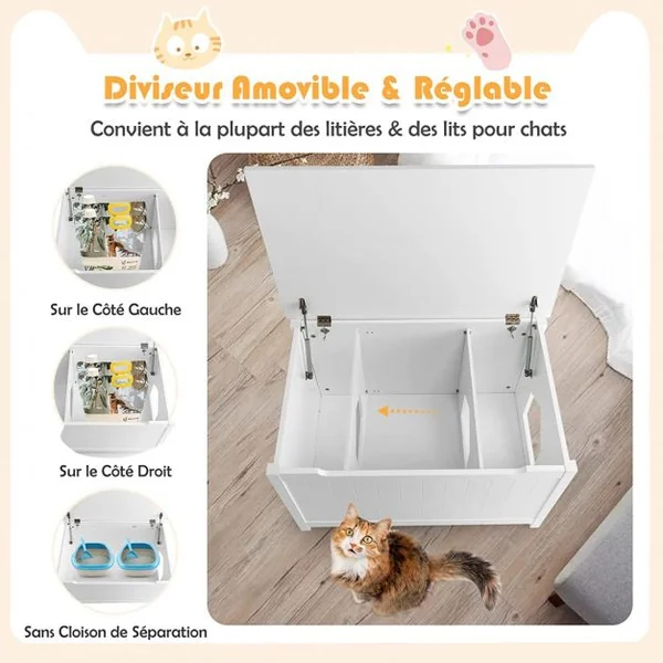 Boîte à litière pour Chat avec Ouverture sur Le Dessus Séparateur Amovible Tige de Gaz Crochets en Métal Pieds en Bois de Pin