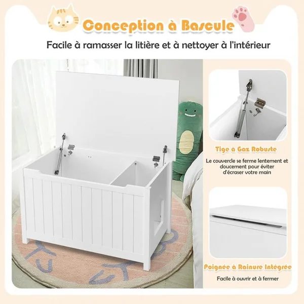 Boîte à litière pour Chat avec Ouverture sur Le Dessus Séparateur Amovible Tige de Gaz Crochets en Métal Pieds en Bois de Pin